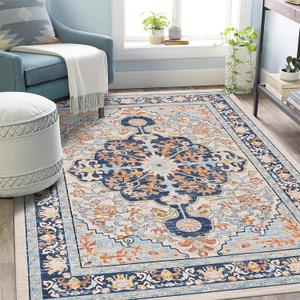 U'Artlines Boho Vintage Area Rug 5x7 Machine Washable Low Pile Soft Floor Carpet Non Slip Non Shedding Accent Rug for Living Room Bedroom Entryway Dining Room Office OrangeBlue