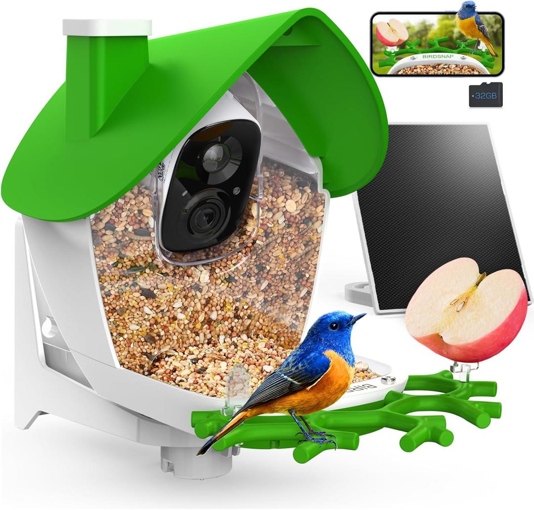 birdsnap P33 - Smart Bird Feeder with Camera Solar Powered, 2K Video Bird Camera Feeder Live with 32GB Card, AI Identify Feather Species, Auto Record in Backyard, Ideal Gift for Birds Lover (Green)