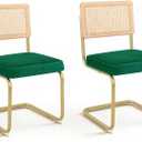 Mid-Century Modern Dining Chairs Set of 2, Velvet Upholstered Seat with Natural Rattan Backrest, Armless Side Chairs with Metal Legs, Ergonomic Design for Home Kitchen Dining Room, Green, CangLong