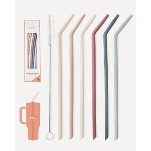 Nightingale 14 Silicone Tumbler Straws - Compatible with Stanley 40 oz cup - Reusable Flexible Long Bendy Drinking Straw with Cleaning Brush for Tall Tumblers - Food-Safe - Set of 6 Oak