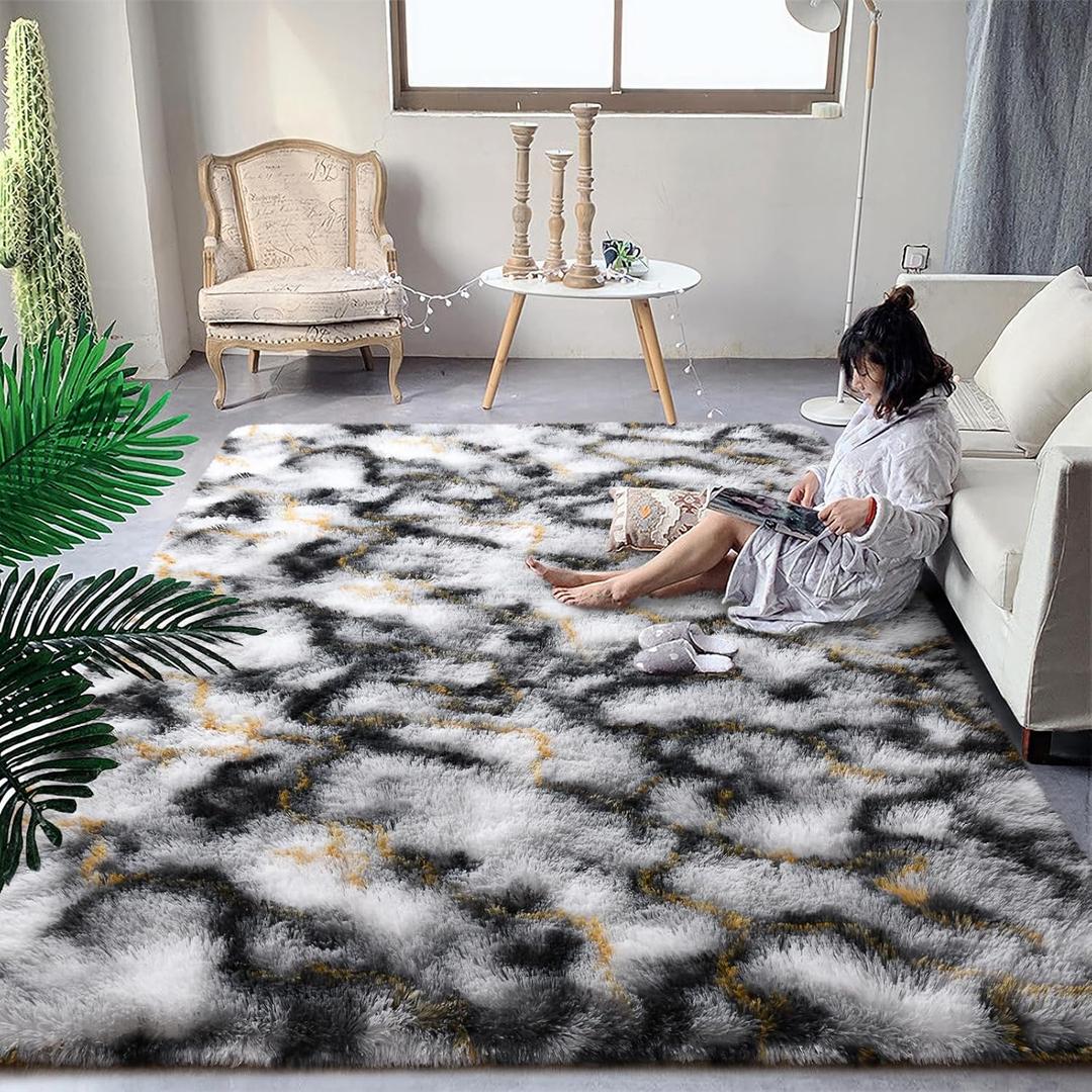 DweIke Fluffy Black White Gold Rugs for Bedroom Living Room, 5x8 Large Soft Plush Shaggy Tie-Dyed Girls Boys Kids Rug, Upgraded Non-Slip and Machine Washable Carpet for Dorm Nursery Classroom Decor