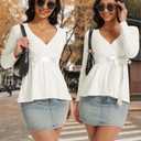 Women’s Long Sleeve Wrap V Neck Babydoll Top, Flowy Hem Fall Fashion Tunic Tops White (White, L)