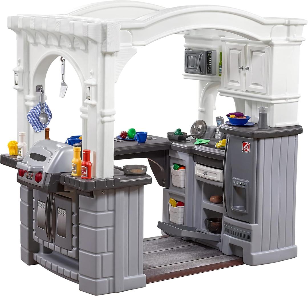 Step2 Grand Walk-in Kitchen & Grill Kids Playset, Indoor/Outdoor Kitchenette, Interactive Play with Lights and Sounds, Durable Plastic, 103 Piece Toy Accessories, Toddlers 2+ Years Old, Gray/White, Box 1 of 2 ONLY