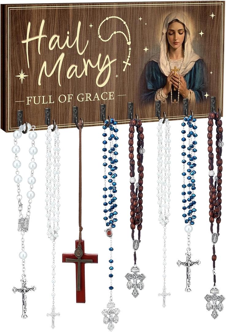 Large Wooden Rosary Holder Wall Mounted with 8 Hangers Catholic Rosary Storage Organizer Decorative Hanger Holder for Necklace, Bracelet Prayer Storage(Classic)