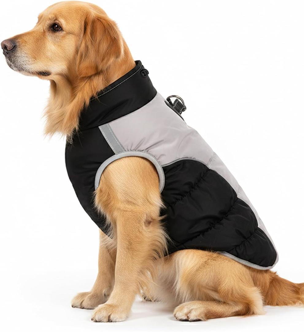 AURUZA Dog Coat, Warm Dog Winter Coat Waterproof Small Dogs Jacket with Harness Built Reflective Pet Vest with Zipper for Medium Dogs Windproof Pet Fleece Puffer Vest Snow Jacket for Cold Weather (XX-Large, Black.)