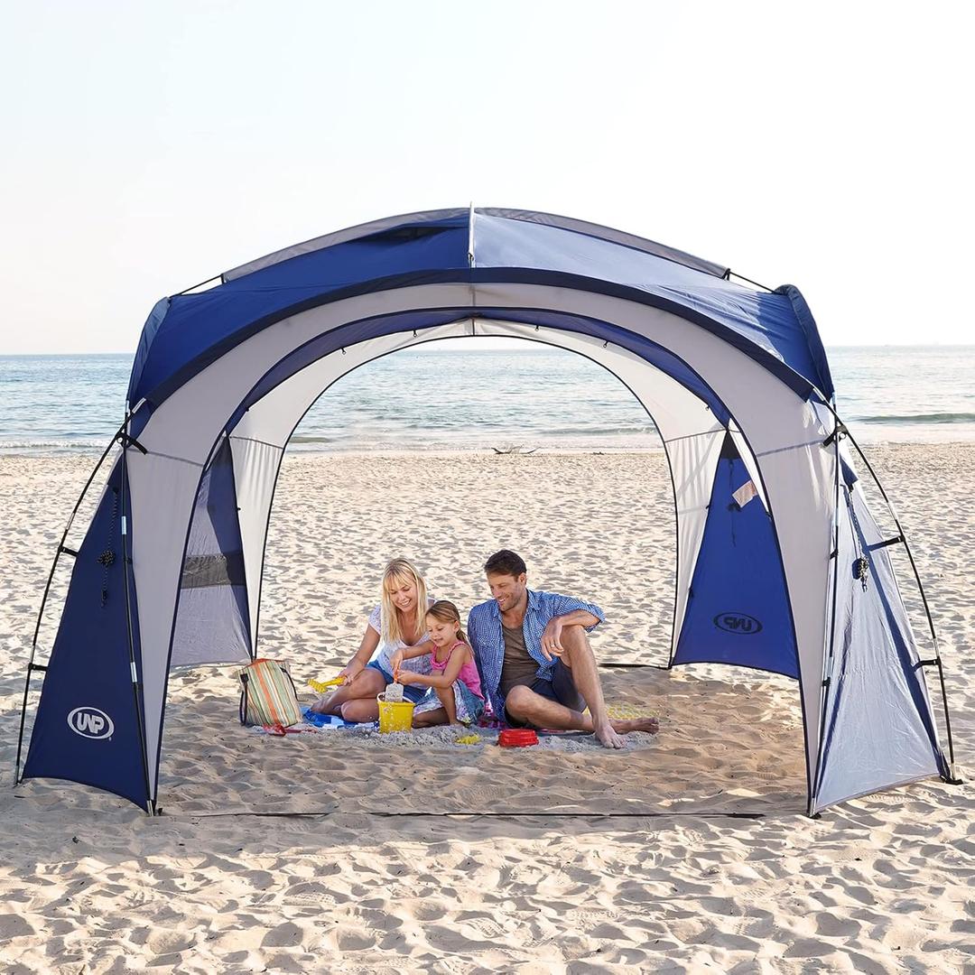 UNP Easy Beach Tent Pop Up Canopy UPF50+ Tent with Side Wall, Ground Pegs, and Stability Poles, Sun Shelter Rainproof, Waterproof for Camping Trips, Backyard Fun, Party Or Picnics (8 x 8 ft, Blue)