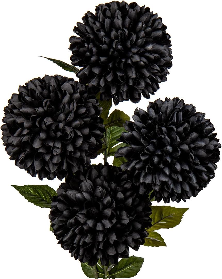 Briful Autumn Artificial Chrysanthemums Ball Flowers 6’’ Large Heads Mums Stems Black Fake Hydrangea Flowers Bouquet for Home Halloween Wedding Fall Decorations, Set of 4