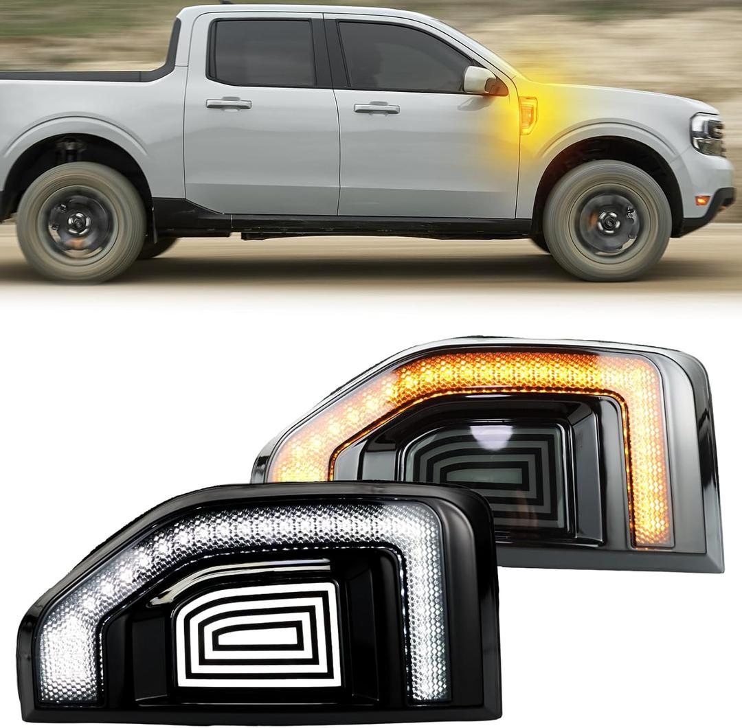 LED Front Side Marker Light DRL Amber Sequential Turn Signal Lamp 2 in 1 Function Feature Kit for Ford Maverick 2022 2023 2024 2025 Fender Trim Rocker Panel OEM Trim Accessories