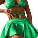 Rave Outfits for Women - Music Festival Metallic Bikini Sexy Halter Bathing Suit Holographic Beach Skirt (Large, Neon Green)