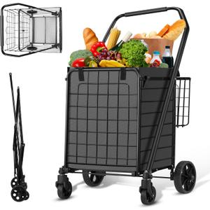 HABUTWAY Grocery Cart on Wheels for Groceries, Folding Shopping Carts with Liner, 110LBS Large Capacity Jumbo Grocery Cart with Dual Basket, 360 Rolling Laundry Cart, Lightweight Trolley for Senior