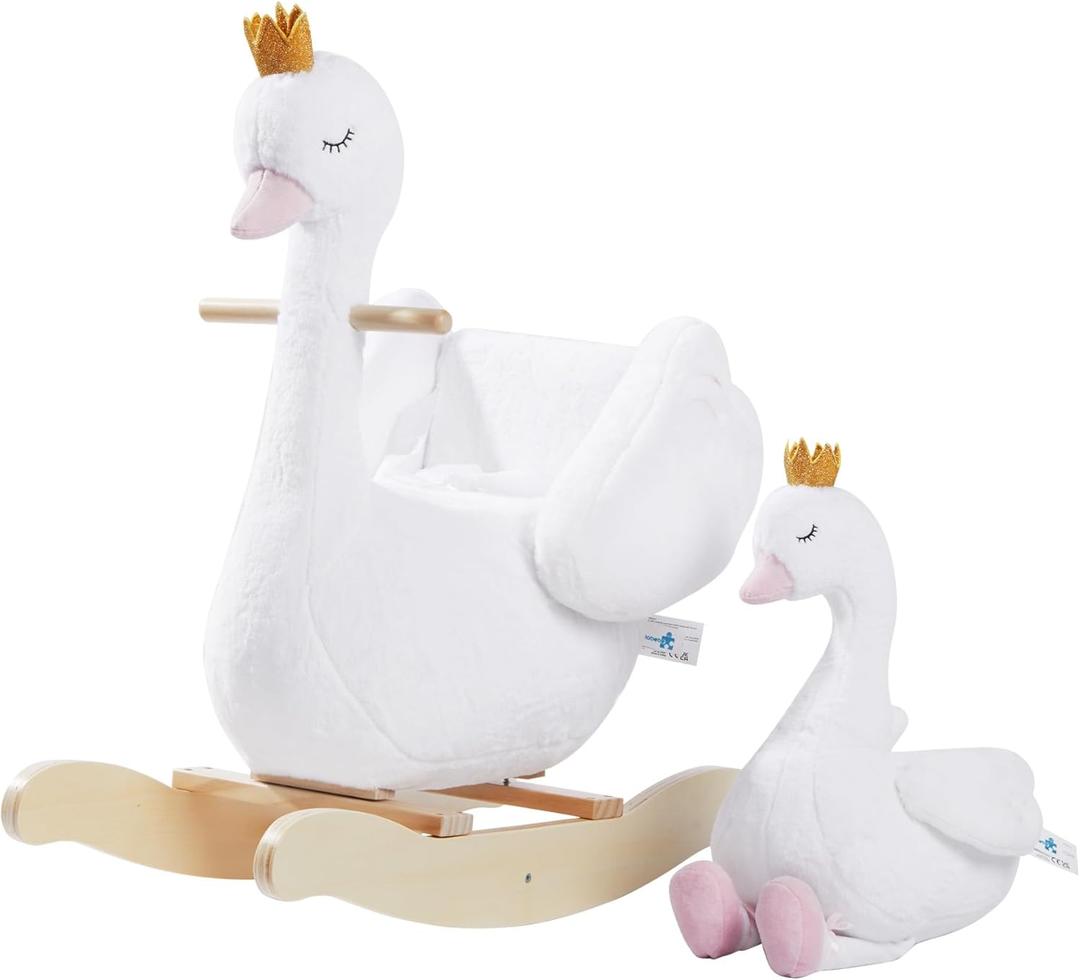 labebe Kids Rocking Horse White Swan with Little Plush Doll Toys, Stuffed Animal Wooden Rocker for Children 6 Months Boys and Girls/Nursery Christmas, Birthday Gift (Rocking Swan with Doll)