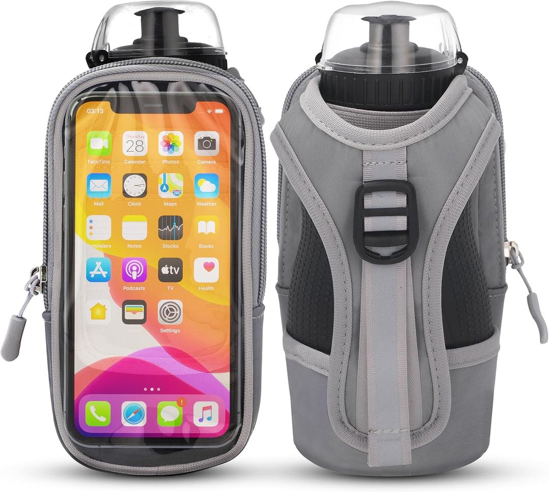 Handheld Running Water Bottle (17oz) | Water Bottle Phone Holder | Secure Seal & Non-Slip Rubber Grip | Phone Holder for Running | Hydration Bottle | Running Water Bottle Hand (gray)