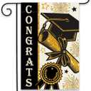 Diploma Cap Congrats Grad Garden Flag 12.5x18 Inch Burlap Double Sided, Black Gold Class Of 2025 Graduation Yard Outdoor Decoration