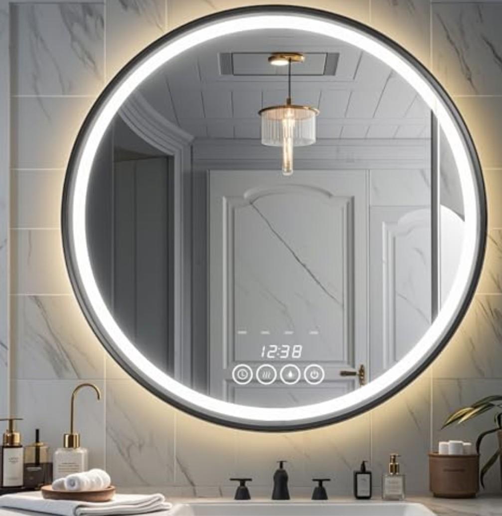 Msrorriw 24 Inch Wall-Mounted Round Bathroom Mirror with LED-Lights - Frame Vanity Mirrors (24" x 24", Black)