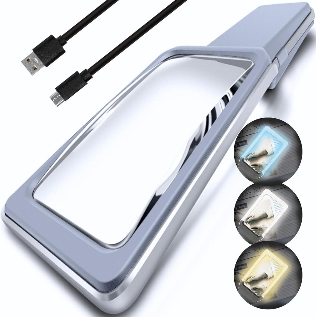 MagniPros 6X Rechargeable Magnifying Glass for Reading with 3 Color Light Modes & Anti-Glare Lens - Relieve Eye Strain | Perfect for Low Vision Seniors, Inspection, Crafts & Fine Print (Gray)