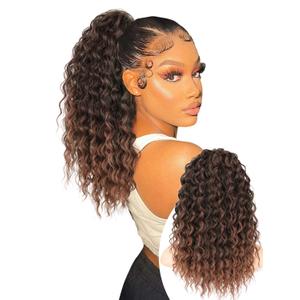 Isaic Ponytail Extension 16 Inch Long Wavy Curly Ponytails Drawstring Ponytail for Black Women Mix Brown with Deep Orange Pony Tails Hair Extensions Synthetic Hairpiece for Daily Use