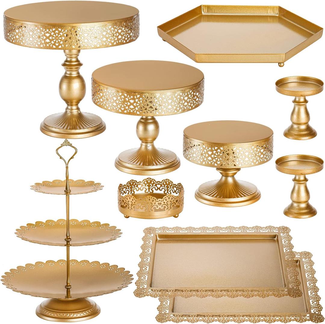 Peohud 10 Pieces Gold Cake Stand, Metal Round Cupcake Tower, Decorative Dessert Fruit Candy Display Plate for Wedding, Anniversary, Birthday Party, Celebration, Outdoor