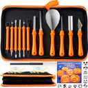 JOYIN 12 Pcs Halloween Pumpkin Carving Kit, Professional Carving Set with Handbag,12 Stencils, 4 LED lights for DIY Jack O Lantern, Stainless Steel Double-sided Sculpting Tools Decoration Supplies