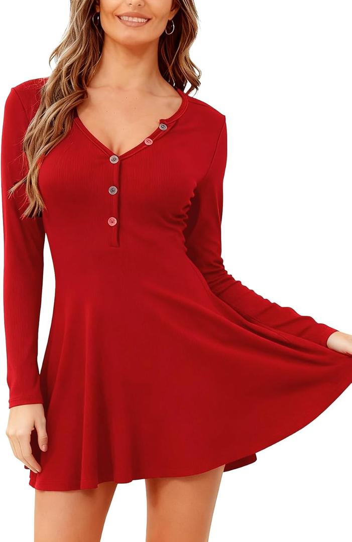 Dressmine Sexy Long Sleeve Mini Dress for Women V Neck Flowy Short Casual Ribbed Tennis Dresses Fall Pajamas Loungewear (Large, Red)