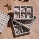 Frebeauty Small Jewelry Tray Set,Velvet Ring Organizer,Stackable Jewelry Organizer Tray,Mini Jewelry Drawer Organizer,4.92 x 3.74 x 0.9 Inches,7 Slots Ring Tray for Women(Set 2,Beige)