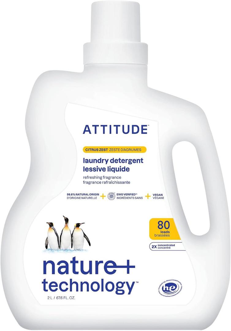 ATTITUDE Liquid Laundry Detergent, EWG Verified, HE Compatible, Plant-Based & Vegan, Natural Laundry Soap, Citrus Zest, 80 Loads, 67.6 Fl Oz