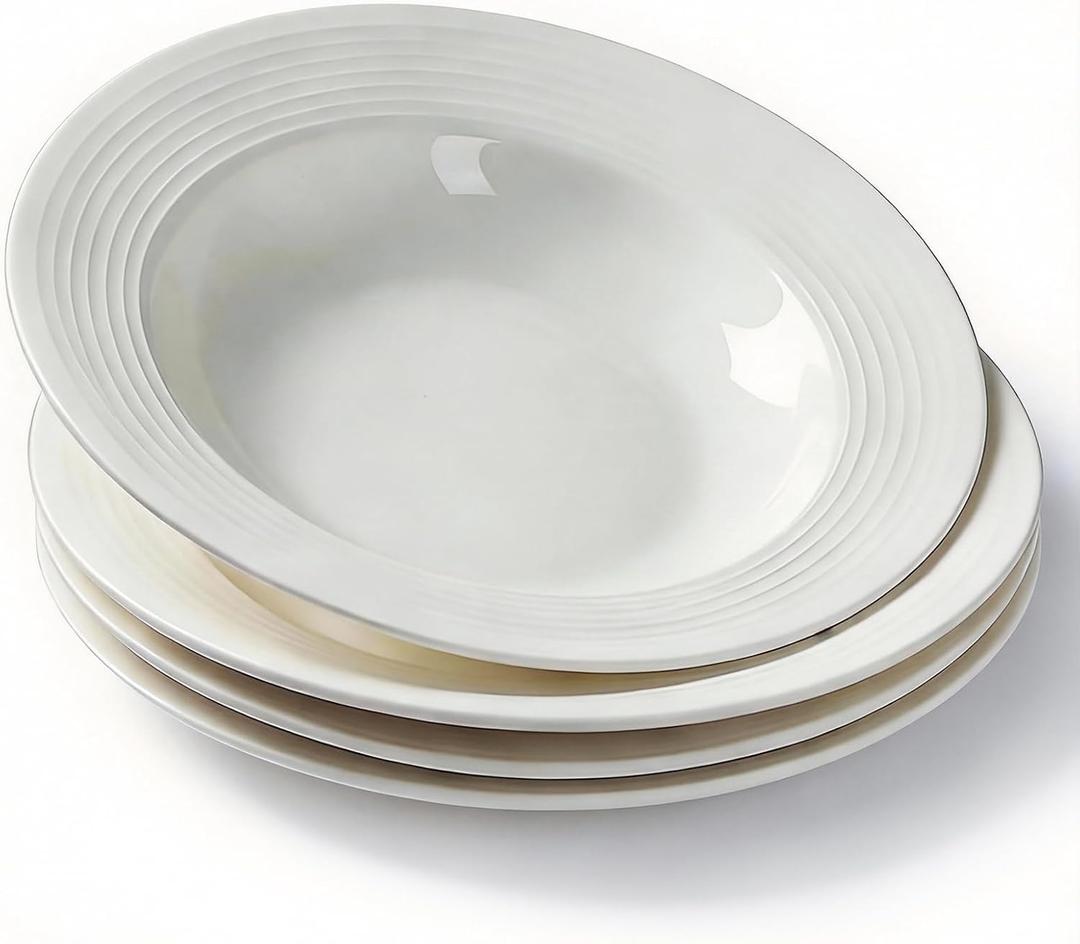Ceramic Plates Set of 4, 8.5" White Pasta Plates, Ceramic Pasta Bowls, Versatile Microwave & Dishwasher Safe Soup/Pasta/Salad Bowls