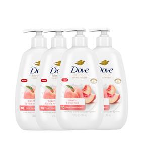 Dove Advanced Care Hand Wash Peach & Rice Milk 4 Count for Washing Away Dirt & Germs While Nourishing Skin 10 Layers Deep, with Moisture Boost 5X Complex, 12 Fl oz