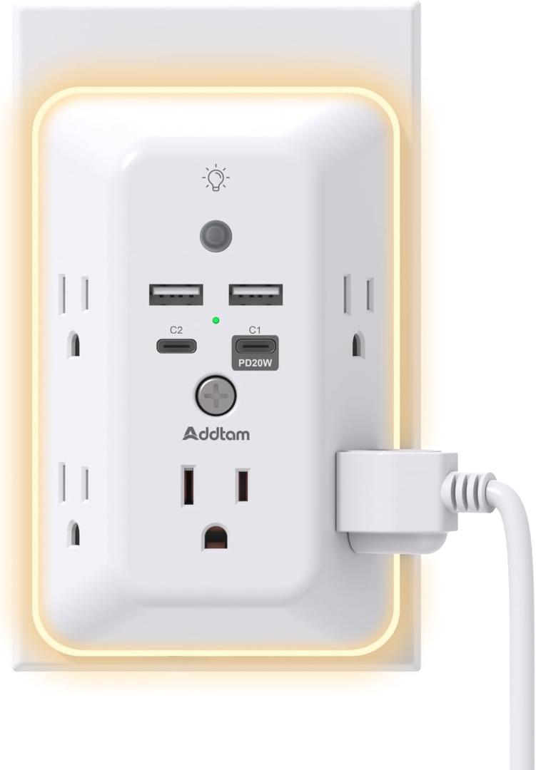 Surge Protector, Outlet Extender with Night Light, Addtam 5-Outlet Splitter and 4 USB Ports(PD 20W), Multi Plug Wall Outlet Power Strip for Home Office Dorm Room Essentials