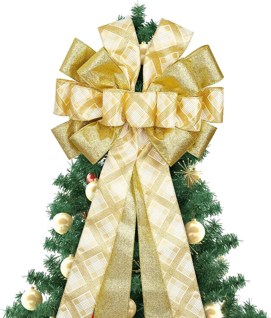 RUSPEPA 1pcs Large Christmas Tree Topper Bow, Glitter Luxury Gold Plaid Design, Holiday Decoration Gift Bow for Christmas Tree, Wreaths, Gift Boxes, Party Decor, Wedding, Indoor/Outdoor Use, 13" x 52"
