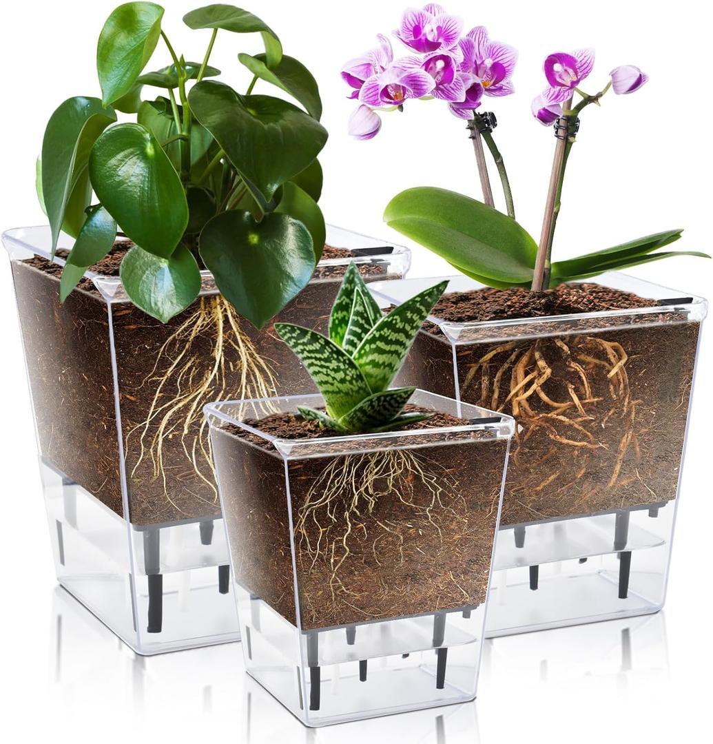 Self Watering Pots Set, 3 Pack 5/4.1/2.7 Inch Self Watering Pot for Indoor Plants, Clear Flowers Pot Planter with Deep Reservoir for Spider Plant, Orchid, African Violet (Large, Medium, Small)