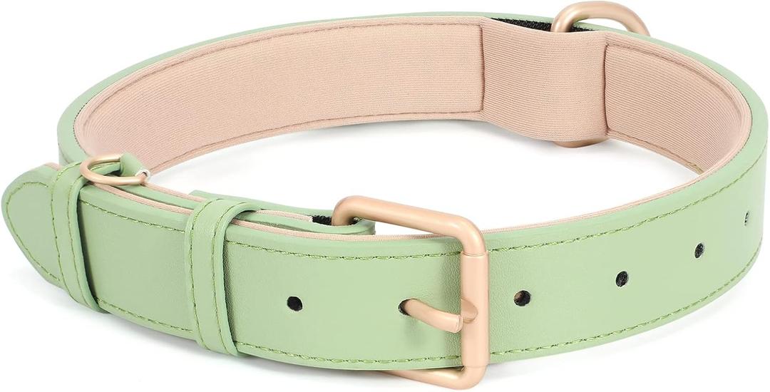 WHIPPY Leather Dog Collar for Medium  Dog Adjustable Soft Breathable Leather Padded Puppy Collar with Alloy Buckle Heavy Duty Waterproof Classic Dog Pet Collar, Green, M (M: Neck 16"-20", Width 0.98", F-green)