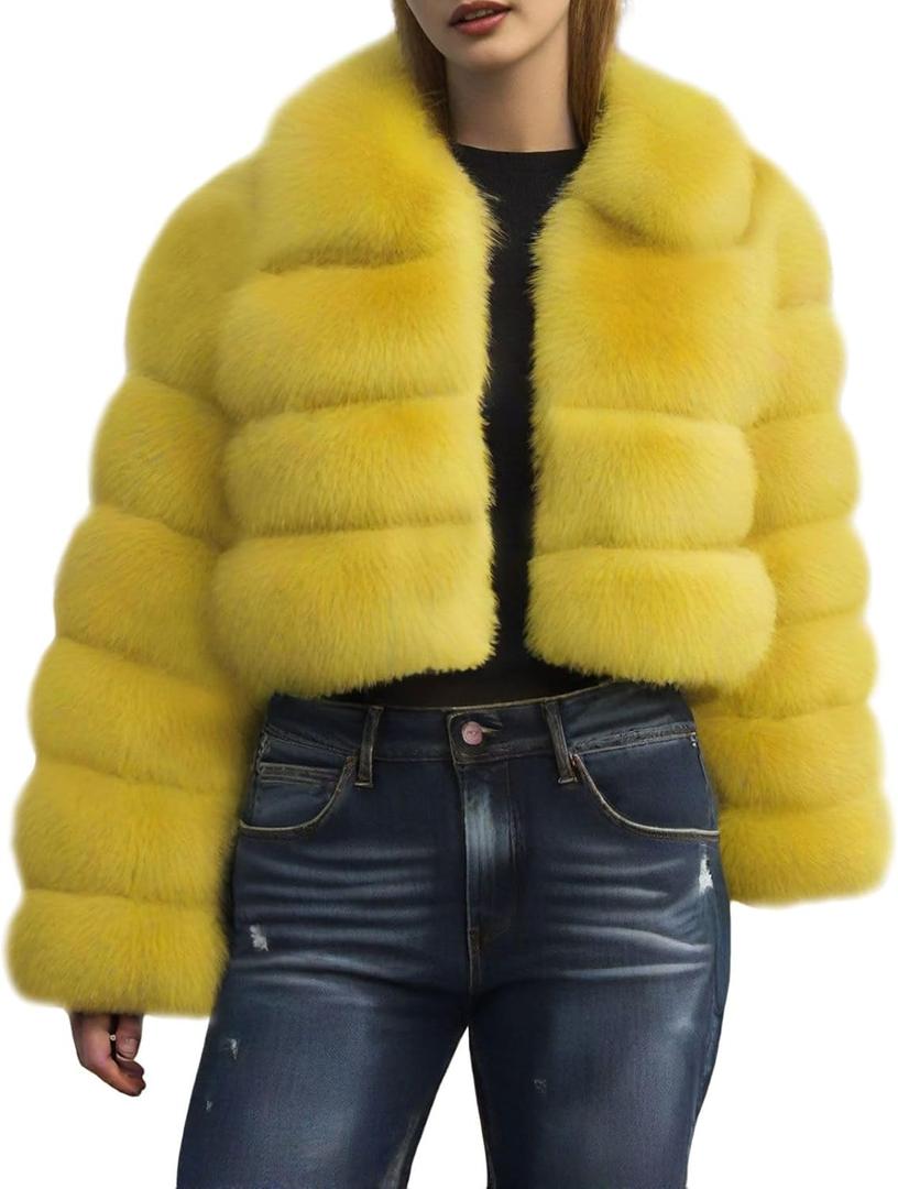 Loveimgs Women Fluffy Faux Fur Coat Cropped Jacket Puffer Jacket Zip Up Winter Warm Fuzzy Teddy Jacket (Medium, Yellow)