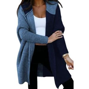 Astylish Women 2026 Fall Outfits Open Front Long Sleeve Hooded Knit Cardigan Sweaters Color Block Outwear Coats M
