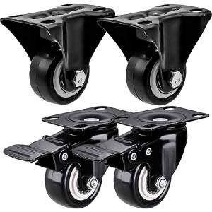 FactorDuty 4 Pack Combo 1.5 inch Caster Wheels 2 Rigid Non Swivel Fixed Stationery & 2 With Brake Swivel Plate All Black Polyurethane Wheels Non Marking No Noise 75lb Per Wheel