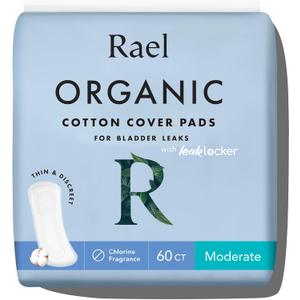 Rael Incontinence Pads for Women, Organic Cotton Cover, Postpartum Essential, Heavy Absorbency, Bladder Control, 4-Layer Core with Leak Guard Technology, Long Length (Moderate, 60 Count)