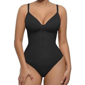 FeelinGirl Shapewear Bodysuit Tummy Control for Women Zip-Up Shapewear Thong Waist V Neck Body Shaper Going Out Medium