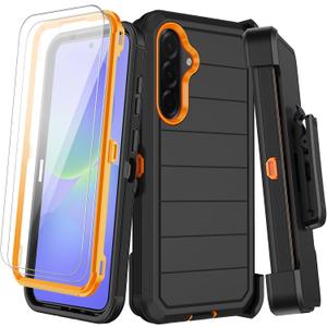 for Samsung Galaxy A36 5G Case with Belt Clip Holster,2X Screen Protectors & Kickstand,Heavy Duty Shockproof Drop Protection Bumper Military Grade Full Body Rugged Durable Phone Cover (Black Orange)