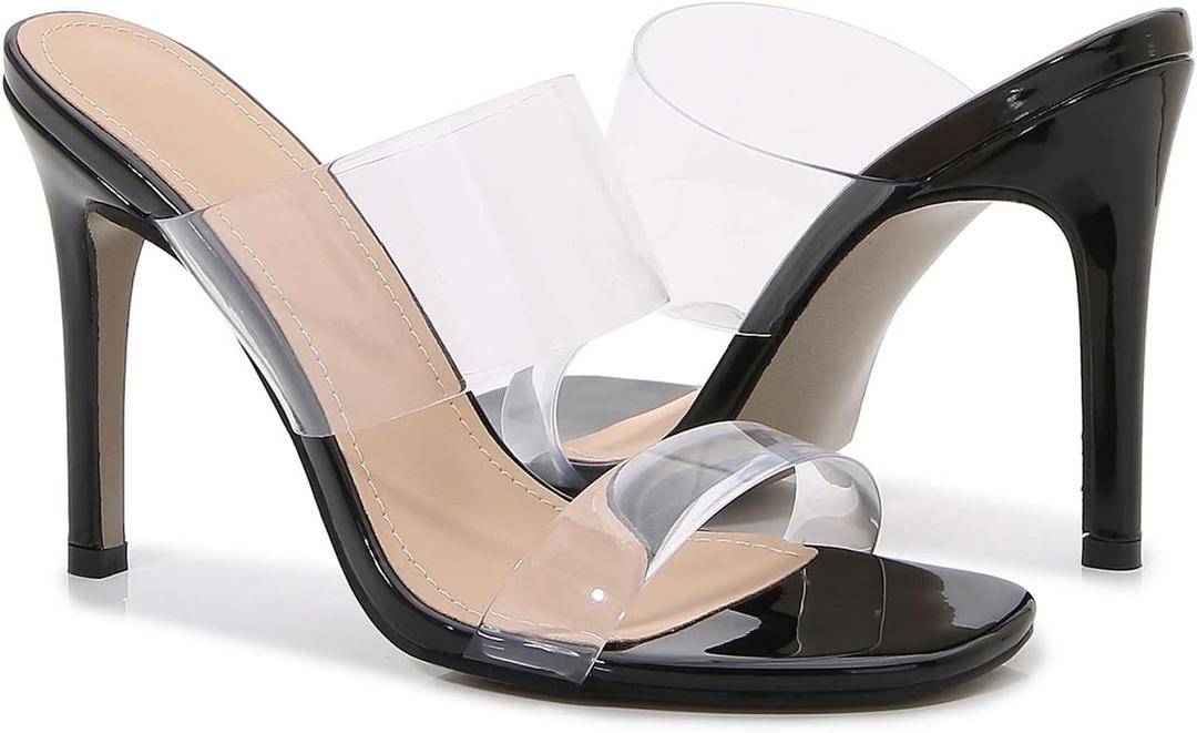 Husmeu Women's Clear Heeled Sandals Square Toe Two Strap Stiletto High Heeled Sandal Transparent Strap Backless Slip on Mules Heeled Sandals (9.5-10, Black)