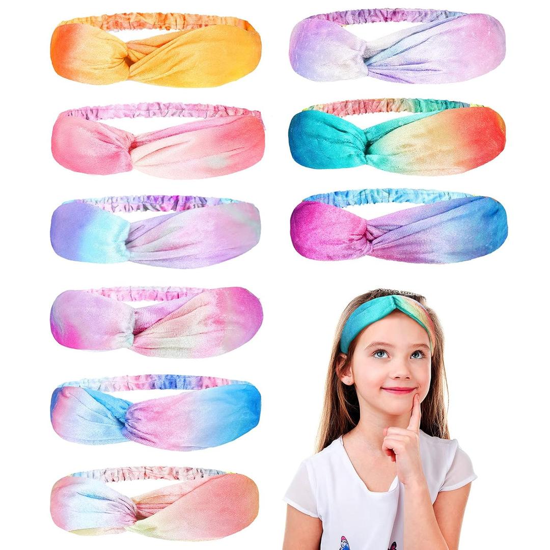 Waydress 9 Pieces Kids Headbands for Girls Velvet Rainbow Spa Headbands Stretch Tie Dye Knotted Hairbands Elastic Washing Face Hair Bands Little Girl Hair Accessories