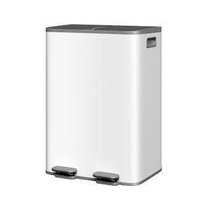 GarveeHome 2 x 8 gal Stainless Steel Double Trash Can with Lid for Kitchen, Large Dual Trash and Recycle Bin Combo, Step-on Kitchen Metal Garbage Cans, PP Inner Buckets, Liner Rim, Grayish-White