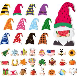 Thyle 37 Pcs Interchangeable Wooden Gnome Decor DIY Summer Tiered Tray Decoration with Magnet Pieces Welcome Sign for Spring Door Decorations