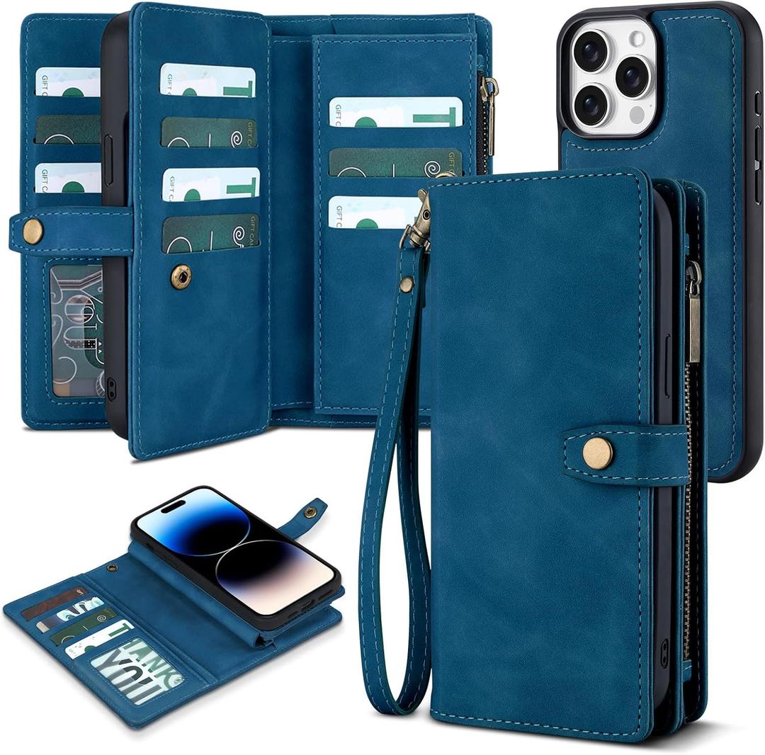 TwoHead for iPhone 14 Pro Wallet Case with Card Holder, Detachable Magnetic Phone Case PU Leather Wallet for Women/Men, with Wrist Strap (6.1 in, Navy Blue)