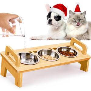 Elevated Cat Food Bowl, 3 Stainless Steel Raised Cat Bowls with Stand, 15Tilted Cats Bowl for Small Dog, Cats Food and Water Bowl Set, Anti Vomiting, Whisker Fatigue and Dishwasher Safe (Natural)
