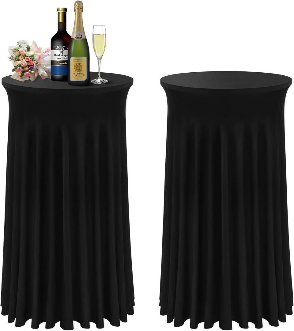 BDDC Cocktail Table Covers - 2 Pack 24"x 43" Black Cocktail Table Tablecloth with Natural Wavy Round Skirt for Bar Wedding Party Banquet