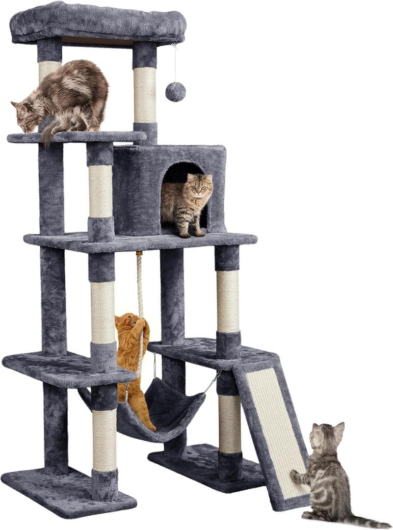 Yaheetech Large Multi-Level Cat Tree, 63 Inches Tall with Sisal-Covered Scratching Posts, Condo, Hammock, Dangling Ball, and Extended Platform for Cats to Play and Sleep (Dark Gray)