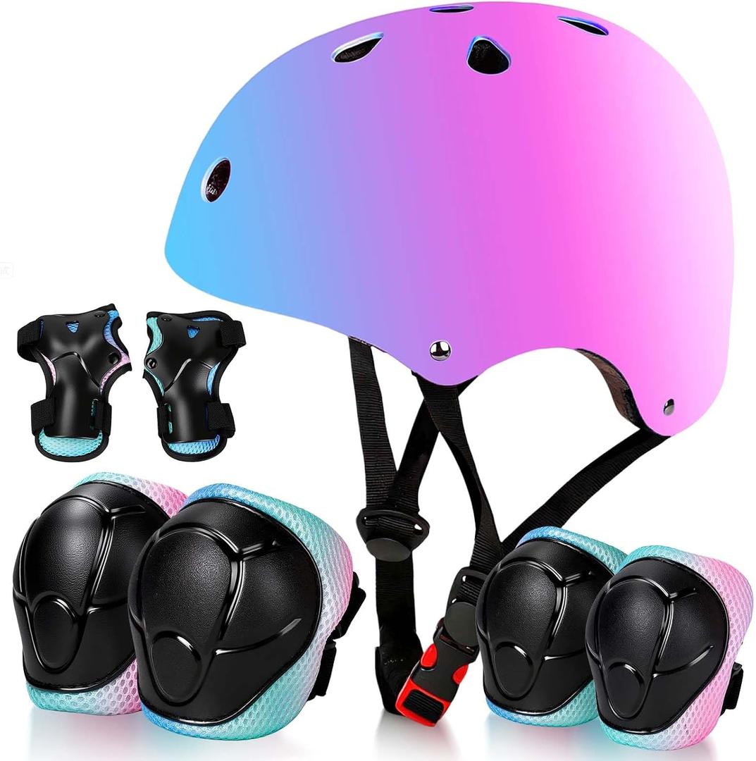 Kids Bike Helmet Set Adjustable for Children, Boys, Girls and Teenagers Aged 3-14 Years Includes Elbow, Knee, Wrist Guards Children's Helmet Protection Set for Bikes SkateboardsRollerskates, Medium: 20.47"-22.83" / 8-14 year