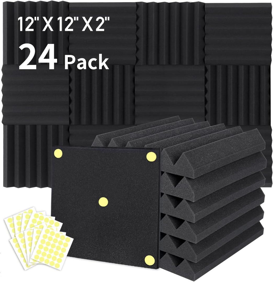 Focusound 24 Packs Acoustic Foam Panels 2" X 12" X 12", Soundproofing Foam Noise Cancelling Foam with 120 PCS Double-Side adhesive