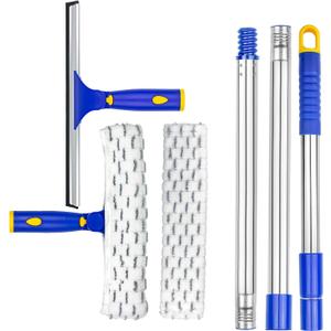 ITTAR Window Squeegee Cleaner Kit, Rotatable Rubber Squeegee and Microfiber Scrubber-2 Pads, Washing kit with 60" Telescopic Stainlees Steel Pole, Window Cleaning Tool for Home Shower Car Windshield (1 Set of Pole)