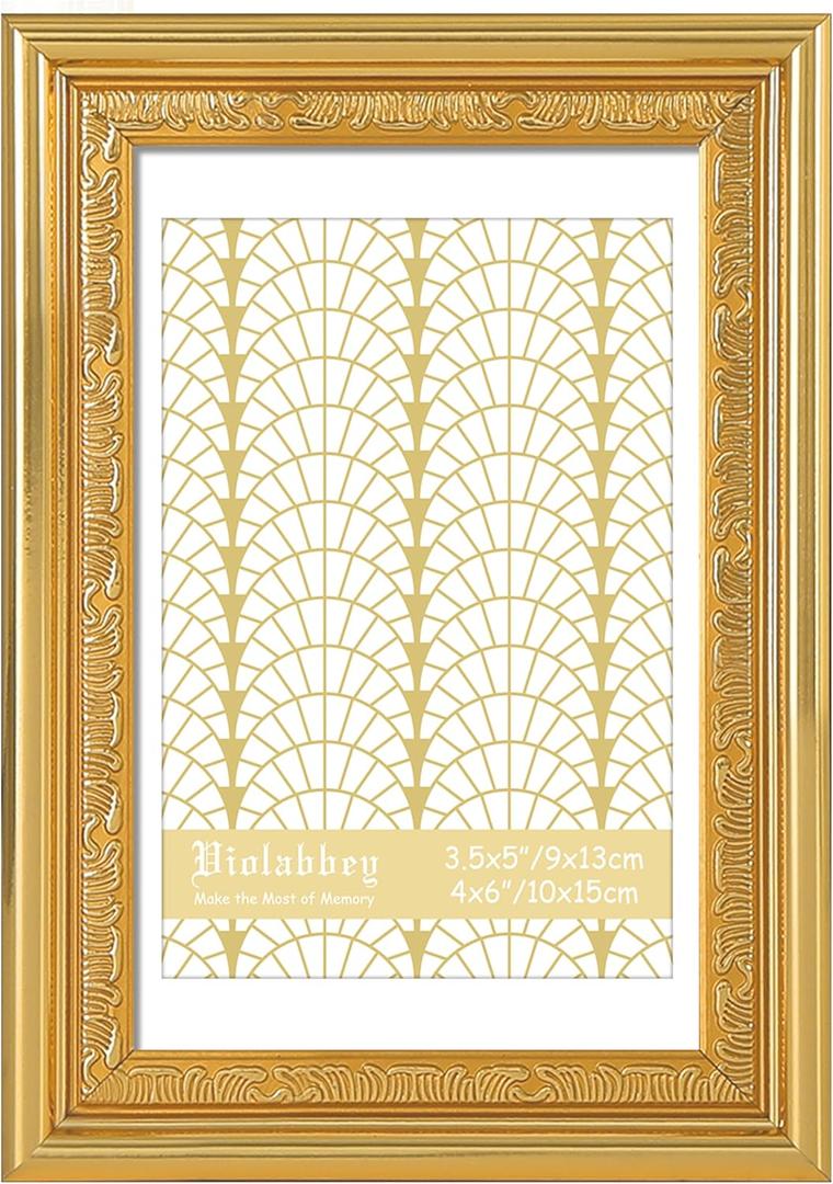 VIOLABBEY 4x6 Gold Picture Frame, Display 3.5x5 Photo with Mat or 4x6 without Mat, Ornate Vintage 4 x 6 Gold Frame for Wall Decor or Tabletop Display