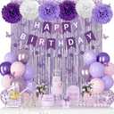 Purple Birthday Decorations for Women Girls, Lavender Pink Confetti Metallic Printed Balloons Butterfly Stickers Fringe Curtain Happy Birthday Banner Circle Dots Garland Paper Pompoms Party Supplies